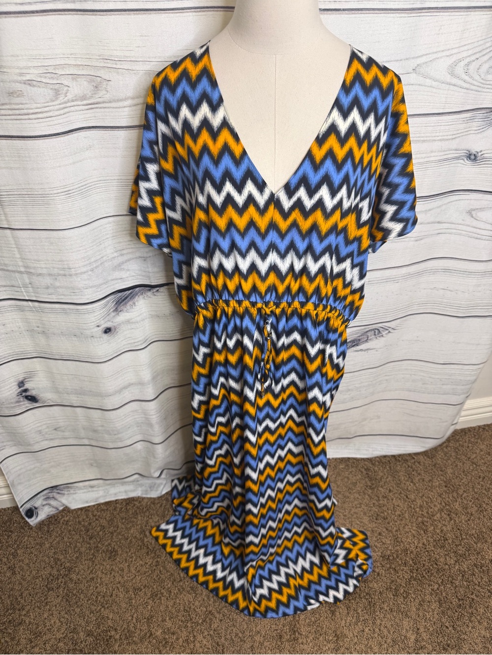 Michael Kors Zigzag V-Neck Maxi Dress in Blue, Yellow & White